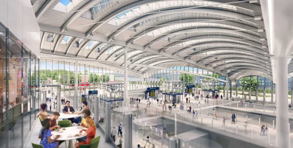 Een afbeelding van hoe het binnenwerk van station Old Oak Common eruit zal zien als het klaar is