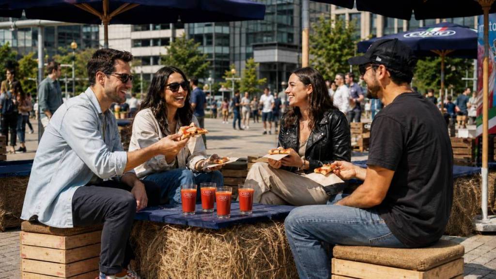 a group of four friends tuck into pizza slices sat around a haybale style table at the cirio pop-up at battersea power station