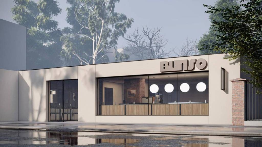 uma imagem digitalizada do exterior elegante de uma nova padaria e pizzaria moderna de inspiração filipina