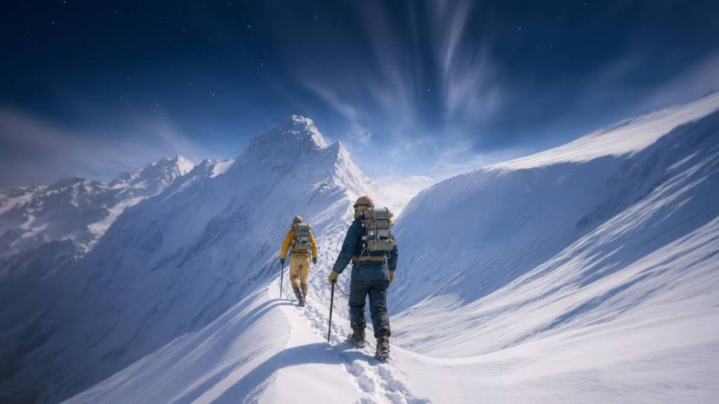 Duas pessoas vistas de costas, a caminhar por uma montanha nevada na experiência «Everest VR»