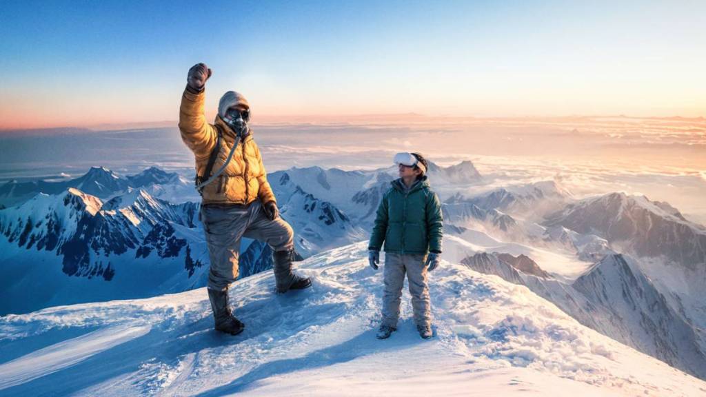 Um adulto e uma criança no cume de uma montanha nevada, o adulto com o punho erguido, depois de ter alcançado o cume do Evereste na experiência de RV