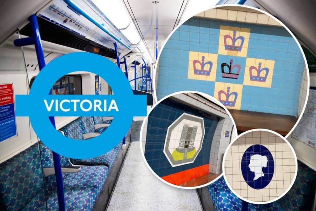 A collage style image, the backgroun is a tube carriage with the victoria line roundel on it, then 3 circles show 3 motifs including one with 5 crowns on, one with a castle on and another with a silhouette of queen Victoria