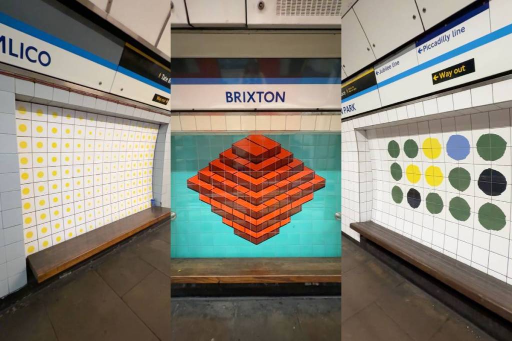 3 images: on the left a miral with many yellow dots, in the middle brixton station anme is visible with a mural of bricks and on the right a mural of green, blue and yellow dots