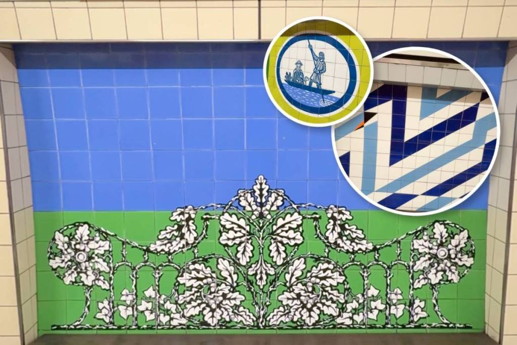 The backgroun image is of a blue and green mural with a white orante design, then there are two circles one with a boat with people in and another abstract design that looks like 2 swans.