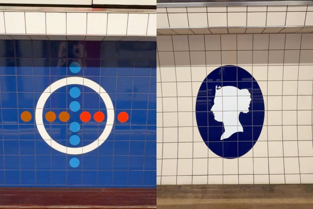 2 images on the left a blue mural with red and lighter blue dots and a white circle and on the right a silhouette of a regal looking woman in a dark blue circle