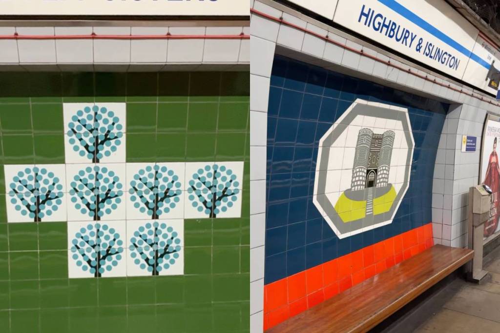 On the left an image of 7 frees on a green background and on the right a mural of a castle and a sign of highbury & islington is visible