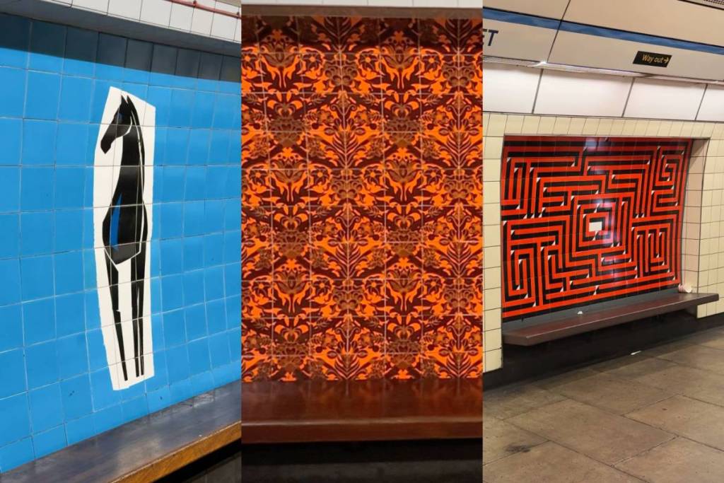 3 images. On the left a mural of a black horse on a blue background, in the middle a tiled orange and black design inspired by William Morris and on the right a mural of a red maze