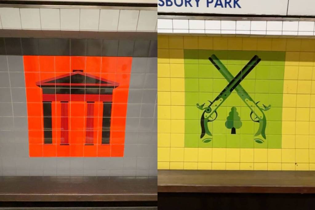 on the left a mural of an ornate archway on a red background and on thr right a mural of two pistol crossed over on a green background