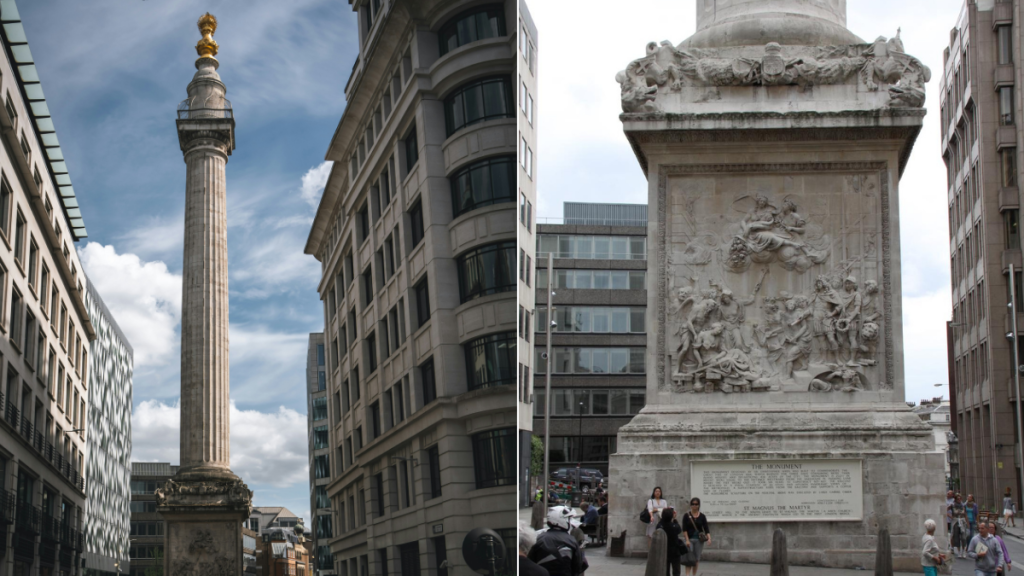 Un’immagine che mette a confronto il monumento nella City di Londra