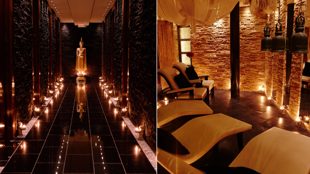 Una imagen en la que se ve, una al lado de la otra, un spa tailandés con luz tenue y decoración dorada