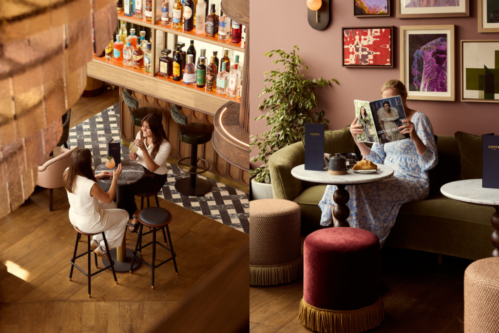 Eine Collage aus zwei nebeneinander angeordneten Bildern, die das Interieur des Restaurants „Coppa Club London Bridge“ zeigen, in dem Gäste sich unterhalten und entspannen