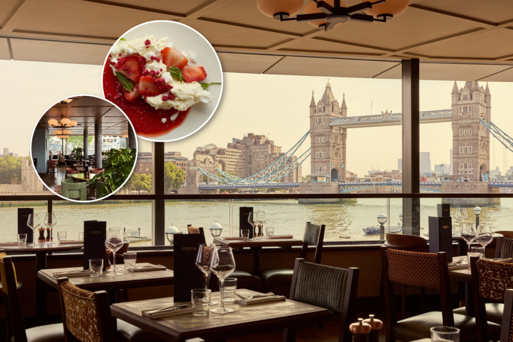 Der Blick auf die Themse vom neuen Restaurant „Coppa Club London Bridge“. Zwei runde Rahmen, die ein Dessert aus der Speisekarte und das Interieur des Restaurants zeigen, sind in das Hauptbild auf der linken Seite eingefügt.