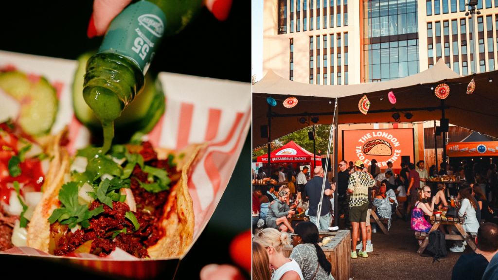 Qualcuno che versa la salsa sul proprio taco (a sinistra) / Persone sedute sulle panchine alla London Taco Experience