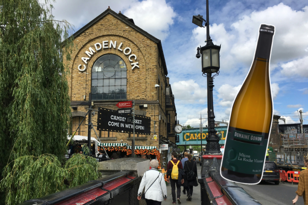 a collage of a wine bottle over a background image of london neighbourhood camden