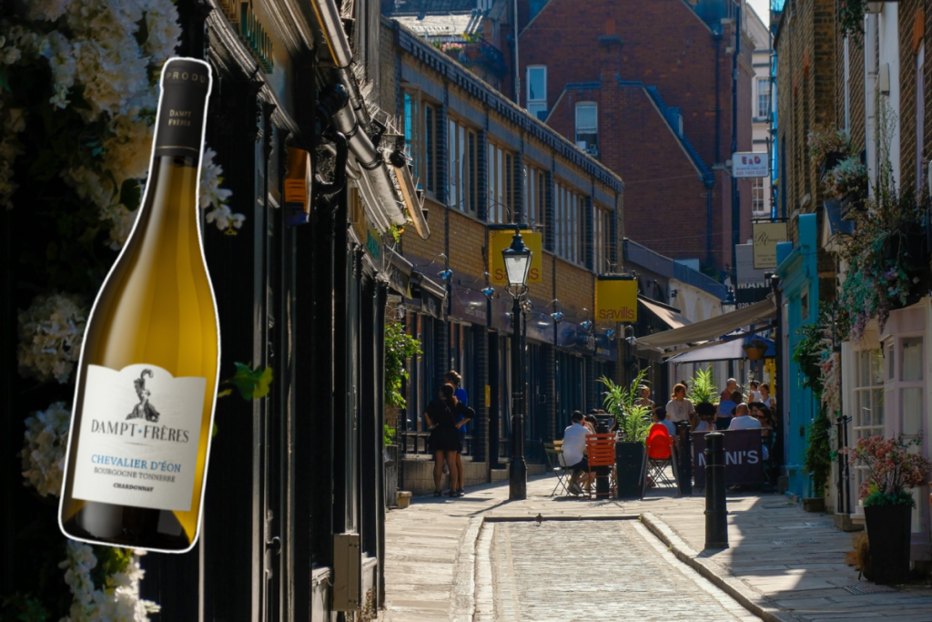 a collage of a wine bottle over a background image of london neighbourhood hampstead