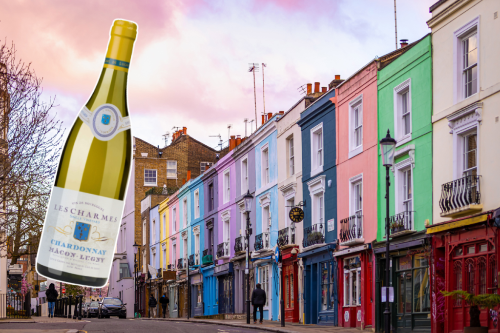a collage of a wine bottle over a background image of london neighbourhood notting hill with its colourful pastel buildings