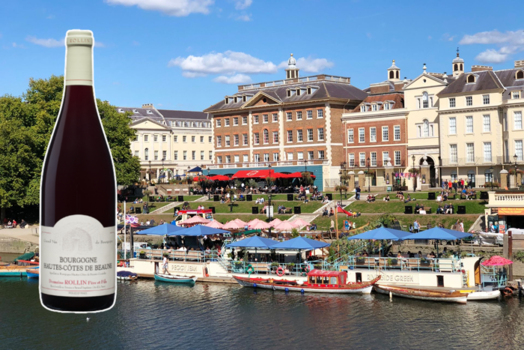 a collage of a wine bottle over a background image of london neighbourhood richmond by the water