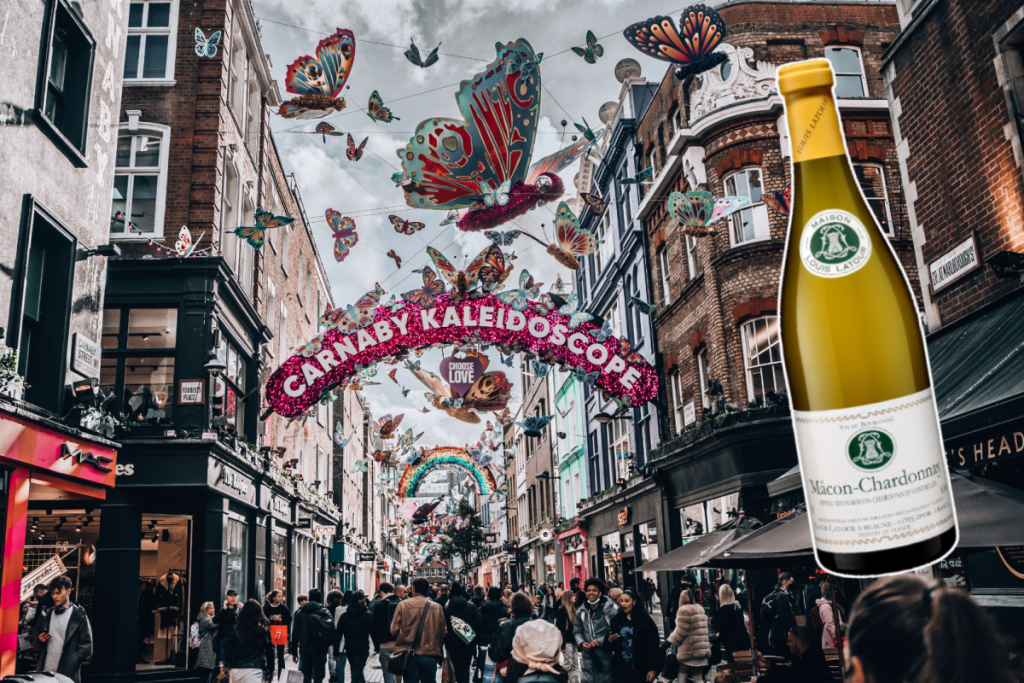 a collage of a wine bottle over a background image of london's carnaby street in soho during a festival