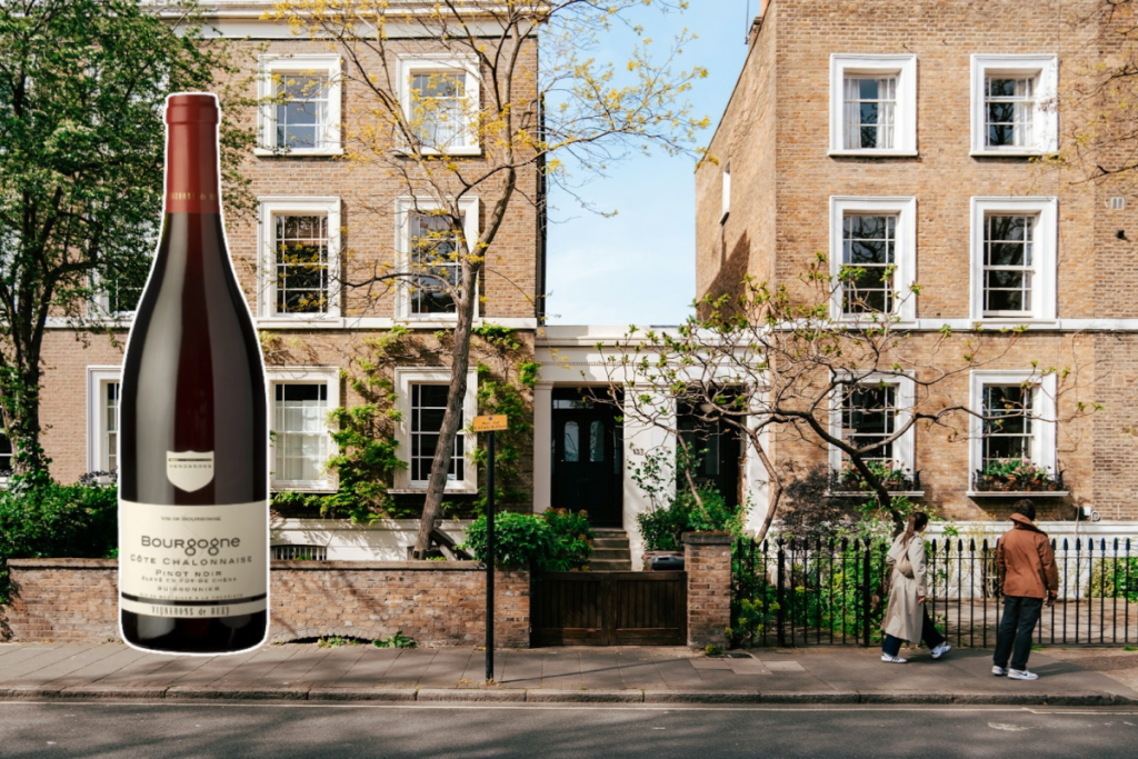 a collage of a wine bottle over a background image of london neighbourhood hackney
