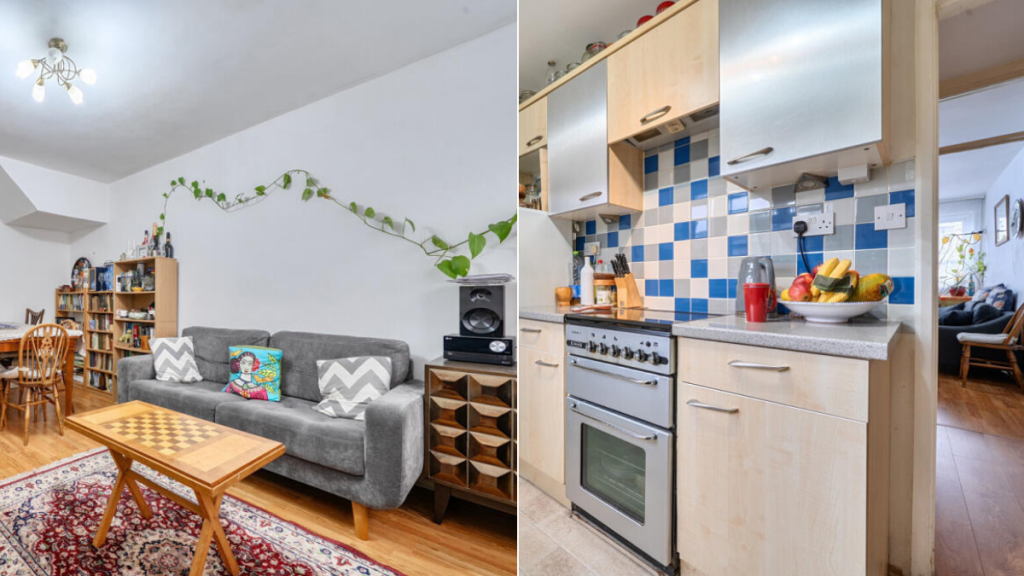 l'intérieur de la maison de Jeremy Corbyn, avec un salon et une cuisine