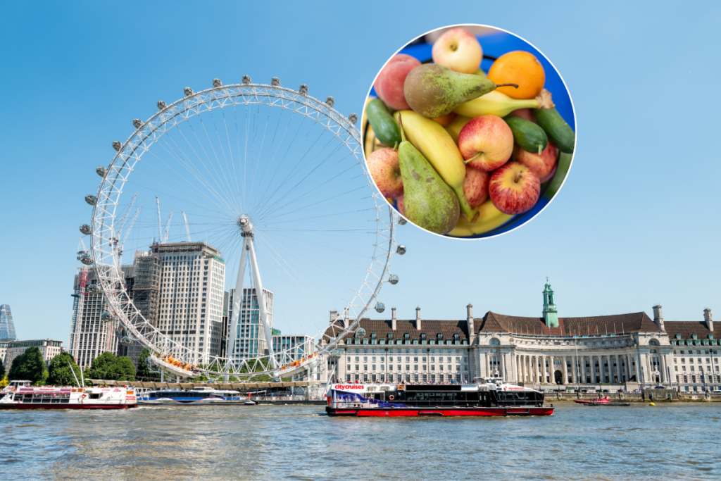 una barca turistica sul Tamigi che passa davanti al London Eye e al City Hall a Victoria Embankment in una soleggiata giornata estiva, con un’immagine circolare sovrapposta di pere e mele ammucchiate