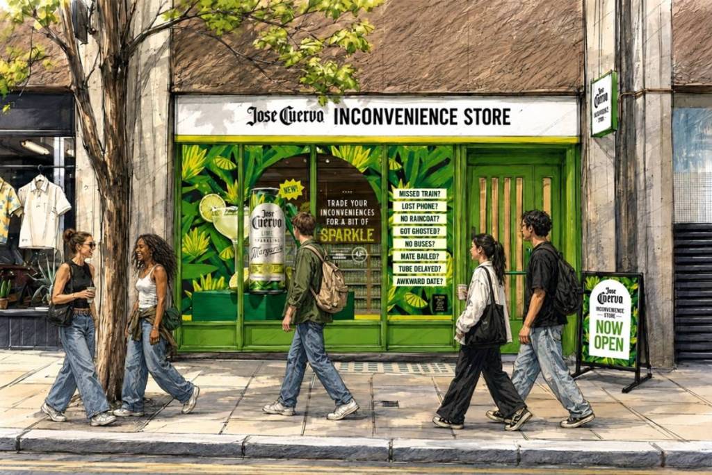 un’immagine di persone che passano davanti a un negozio dalla facciata verde con un’insegna che recita “jose cuervo inconvenience store”
