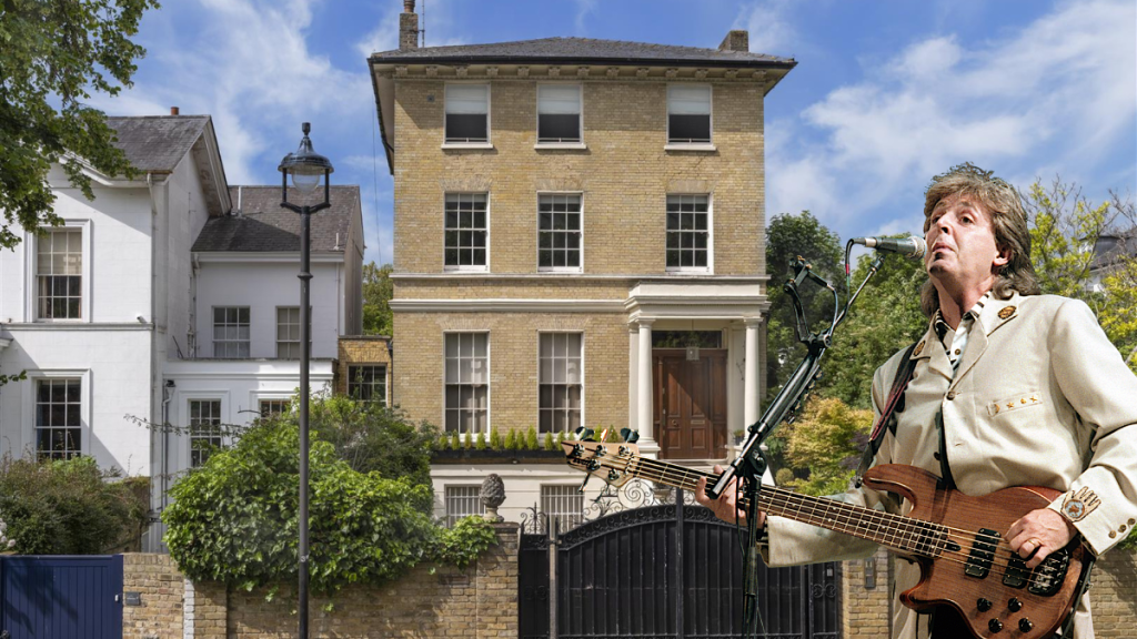 A fachada de uma mansão em St John’s Wood com uma imagem sobreposta de Paul McCartney a tocar guitarra
