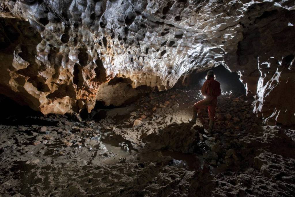 una donna in piedi sotto una rete di grotte