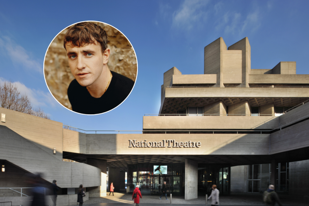 the entrance to the national theatre in london as seen on a beautiful blue sky day, overlaid with a small circular image of paul mescal's headshot
