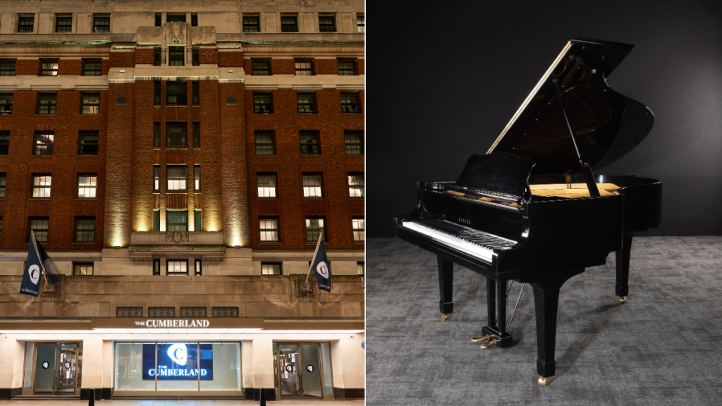 La fachada del hotel Cumberland de Londres (izquierda) / El piano de Freddie Mercury que sale a subasta