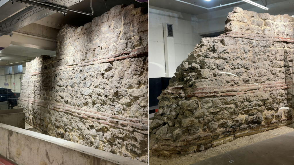 two side by side images of the Roman wall in a London car Park