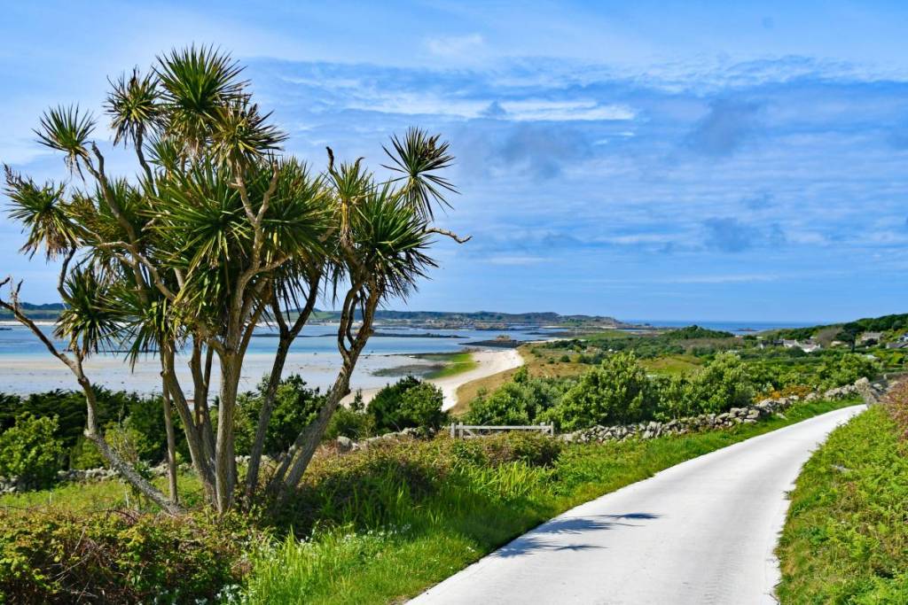 Een uitzicht langs een wandelpad met in de verte de blauwe zee en de lucht op het eiland St Martin’s in de Scilly-eilanden