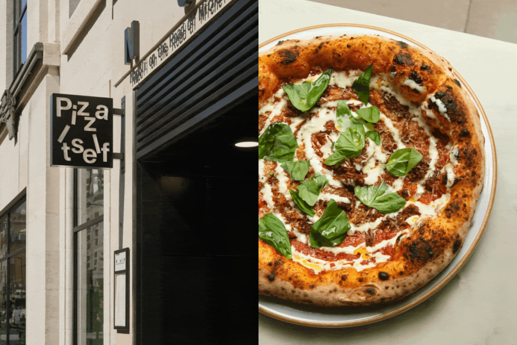 immagine a schermo diviso che mostra l’insegna fuori dalla pizzeria “Napoli on the Road” a Soho con la scritta “pizza itself” e una pizza condita con salsiccia sbriciolata, basilico e un ricciolo di salsa bianca