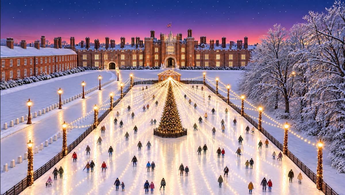 un’immagine della pista di pattinaggio di Hampton Court Palace che mostra dei pattinatori che passano davanti a un grande albero di Natale al centro della pista, con lucine sopra le loro teste e Hampton Court Palace visibile sullo sfondo
