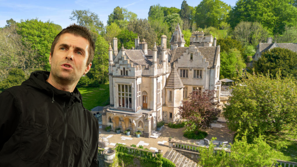 An aerial view of a huge country estate in the Cotswolds with an overlay of Liam Gallagher