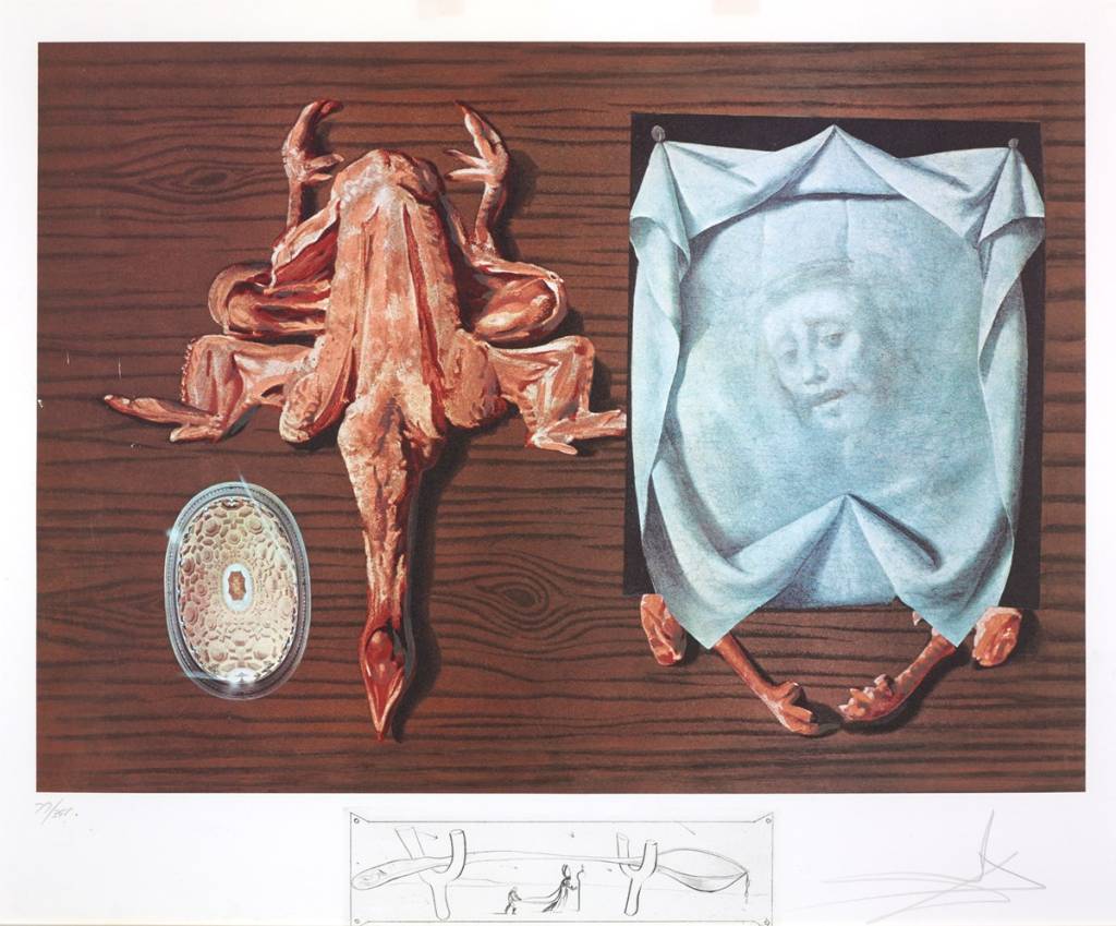 ein Gemälde von Salvador Dalí mit einem froschähnlichen Wesen, das gerade seziert wird, einem nicht identifizierbaren Tierteil, das in zwei Hälften geschnitten ist, und einem Stück Stoff, das die gespenstische Illusion einer trauernden Frau erzeugt