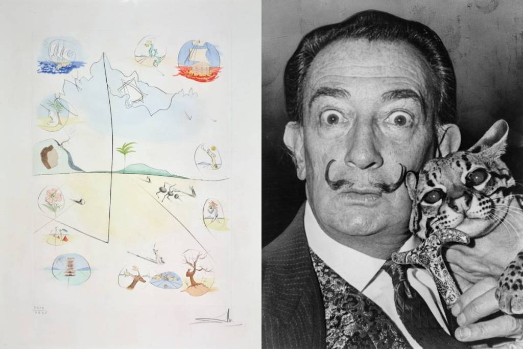 eine Skizze von Salvador Dalí, daneben ein Foto von Salvador Dalí, der mit einem albernen Gesichtsausdruck in die Kamera blickt, während er einen Ozelot hält