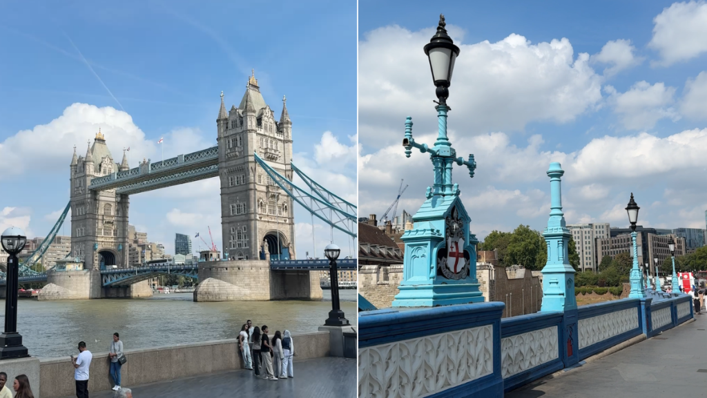Un’immagine affiancata del Tower Bridge (a sinistra) e dei lampioni lungo il ponte (a destra)