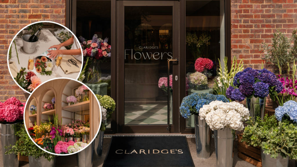 De ingang van de bloemenwinkel van Claridge’s met twee cirkelvormige overzichten van de binnenkant van de winkel