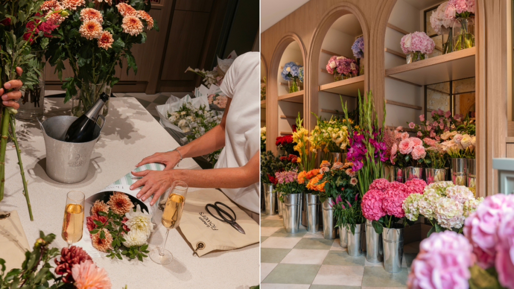 Een split-screenfoto van een bloemenworkshop (links) en heel veel emmers en bosjes bloemen in de bloemenwinkel van Claridge’s (rechts)