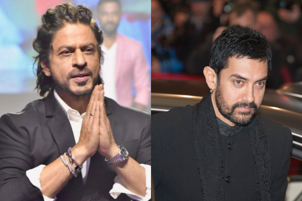 Shah Rukh Khan num evento, com as mãos juntas num gesto de oração, e Amir Khan na estreia de um filme