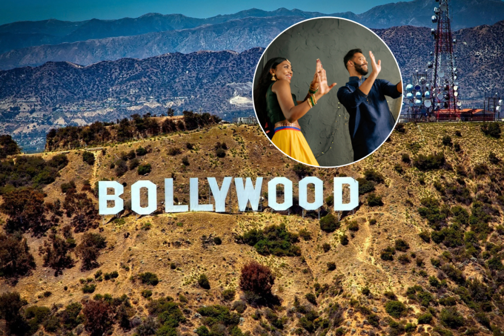 O letreiro de Bollywood e jovens adultos a celebrarem alegremente um festival cultural, vestidos com trajes tradicionais indianos, num espaço fechado.
