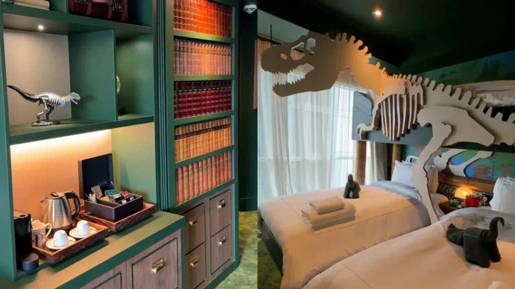 Il Museo di Storia Naturale ha inaugurato a Londra la prima suite per famiglie a tema dinosauri del Regno Unito, che nasconde una gigantesca camera da letto a tema T-Rex dietro una porta segreta nella libreria