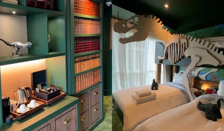 Il Museo di Storia Naturale ha inaugurato a Londra la prima suite per famiglie a tema dinosauri del Regno Unito, che nasconde una gigantesca camera da letto a tema T-Rex dietro una porta segreta nella libreria