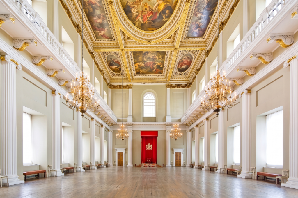 The grand hall of Banqueting House in London at daylight