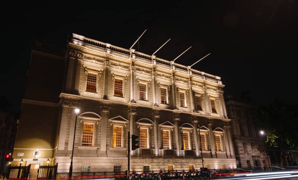 The exterior of London's Banqueting House at night 