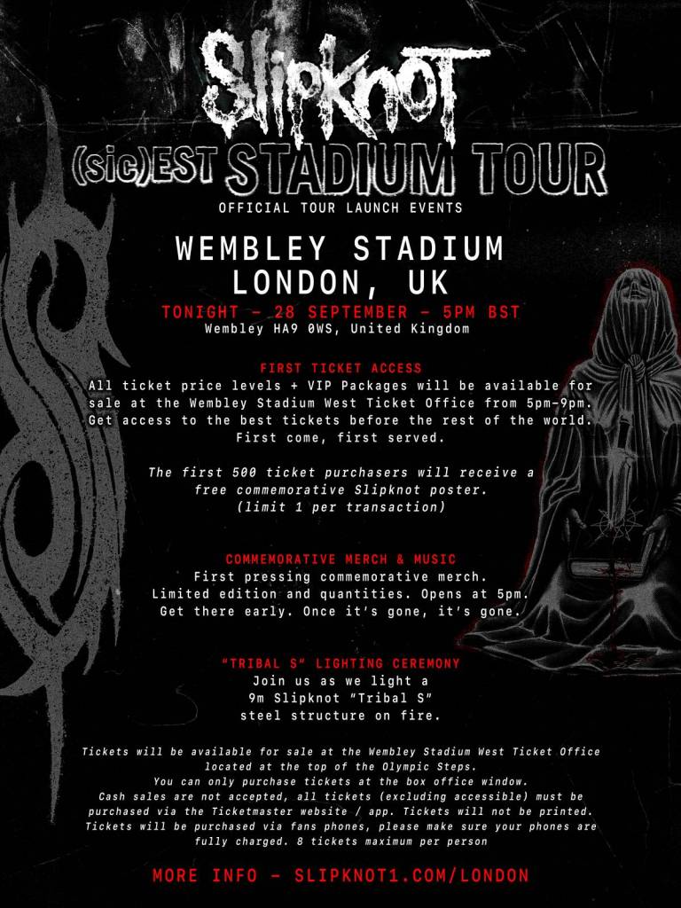 Slipknot-Veranstaltungsplakat für London mit Infos für Fans zum Ticketkauf