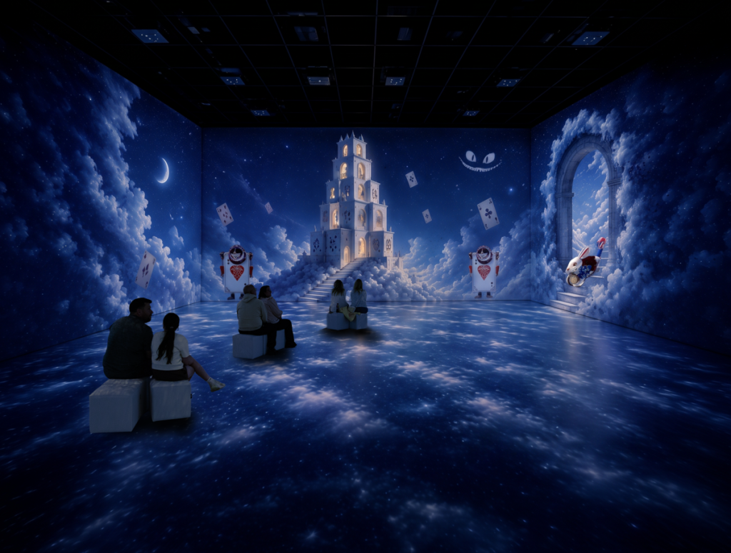 a digital rendering of a 360-degree video projection room in Alice Immersive Wonderland, where people sit on square cushioned stools nd look at images on the walls of the white rabbit rushing through a cloud-like portal, the Queen of Hearts guards and a castle built from playing cards