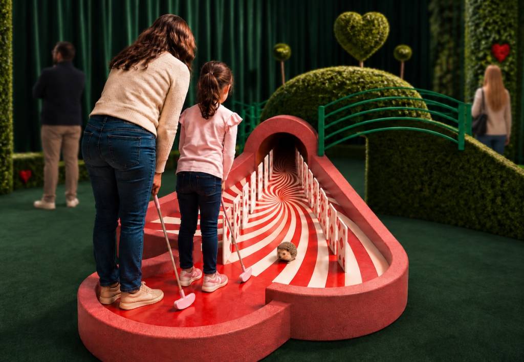 A digital rendering of a mother and daughter playing mini golf on a course styled like the Queen of Hearts world in Alice in Wonderland
