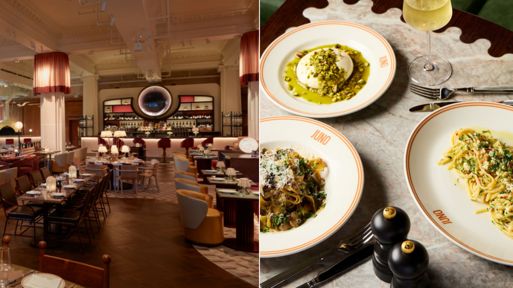 uma imagem lado a lado do interior de um novo restaurante italiano em Londres (à esquerda) e três pratos de comida italiana numa mesa (à direita)